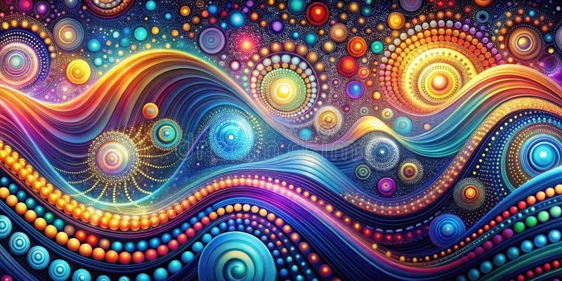 Vibrant abstract wave pattern with circular and dotted designs featuring glowing beads. Generative AI vector illustration