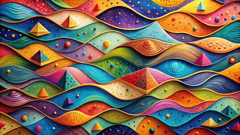 Vibrant abstract wave pattern with geometric forms and scattered spheres, a colorful artistic composition. Generative AI vector illustration