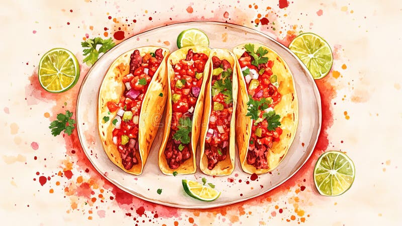 Vibrant acuarelă ilustrare tacos mexican cu lime proaspete și coriandru. conceptul de mâncare stradală delicioasă mexicană royalty free stock photography