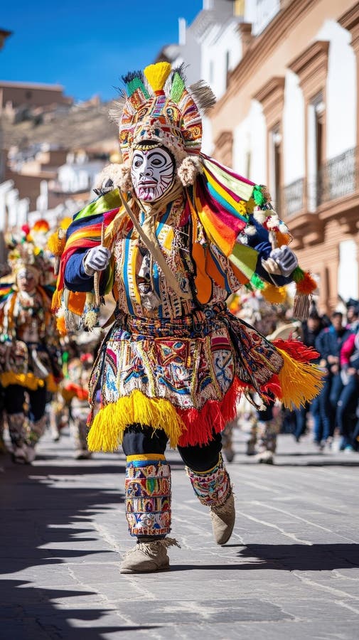 Vibrant Andean Carnival Dancer i Costume vektor illustrationer