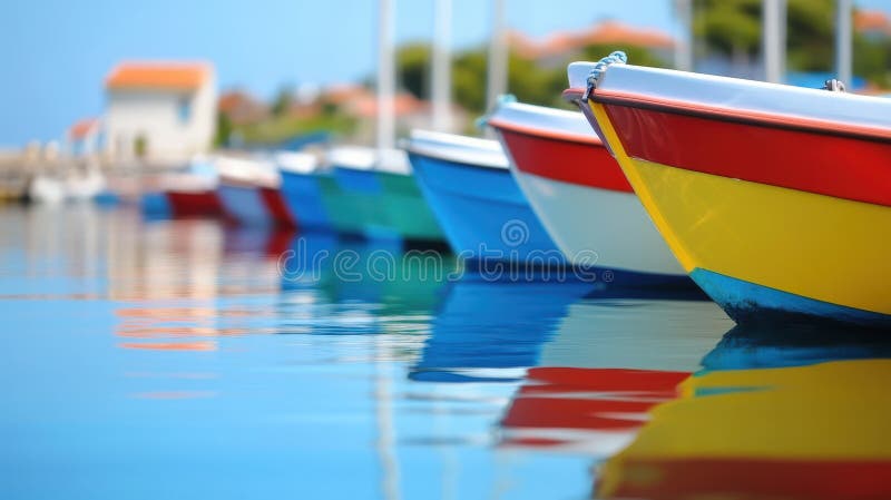 A vibrant array of boats floats in a straight line on the shimmering water, showcasing a spectrum of bright colors royalty free stock photos