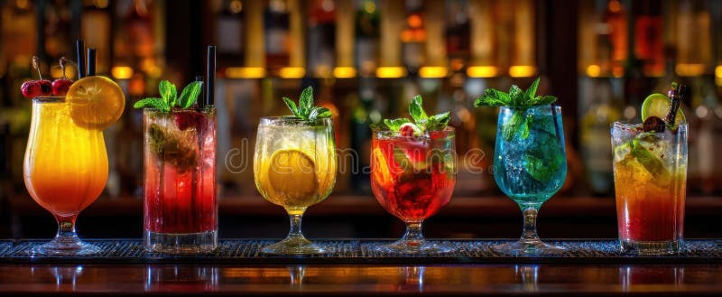 The Vibrant Array of Colorful Cocktails in a Chic Bar Environment. image stock photos.