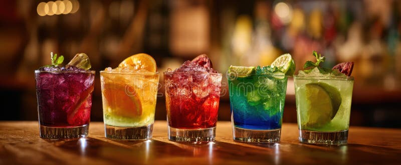 The vibrant array of colorful cocktails displayed artfully on a wooden surface. AI generated image.