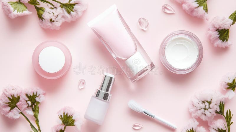 A vibrant array of colorful cosmetics sprawls across a soft pink surface, showcasing lipsticks, eyeshadows, and brushes royalty free stock image
