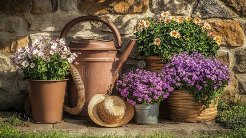 A vibrant array of colorful flower pots surrounds a whimsical hat resting on the ground, creating a cheerful and royalty free stock photo