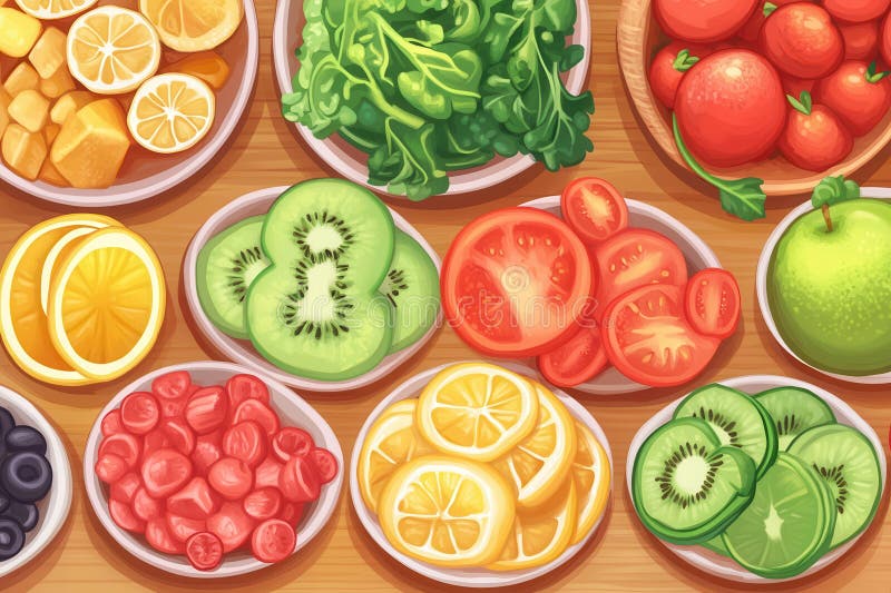 A vibrant array of colorful fruits and vegetables fills bowls atop a rustic table, creating a feast for the eyes stock image
