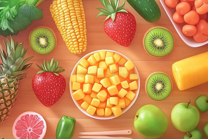 A vibrant array of colorful fruits and vegetables sprawls across the table, showcasing nature's bounty in a stock photos