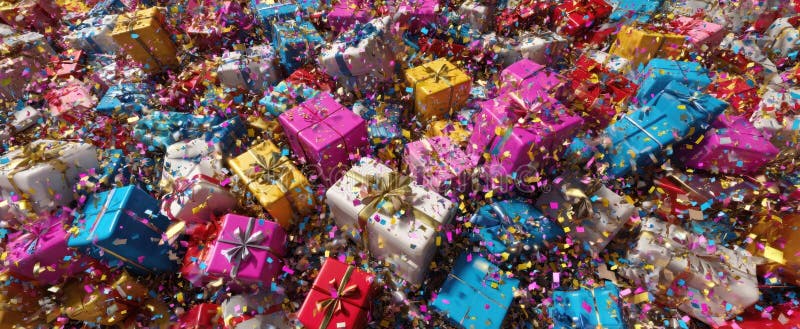 The vibrant array of colorful gifts and confetti creating a festive atmosphere.. image stock photos.