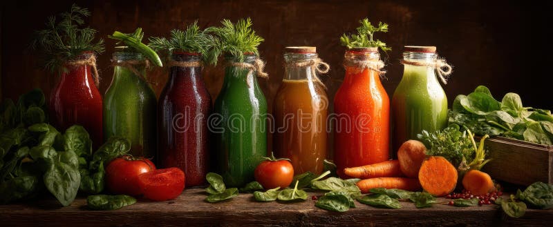 The vibrant array of colorful juice bottles with fresh vegetables and greens.. image stock photos.