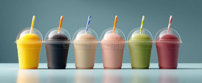 The vibrant array of colorful smoothies in clear cups with straws.. image stock images.