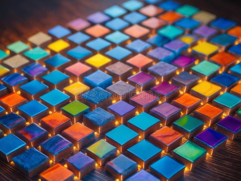 A vibrant array of colorful squares arranged neatly on a dark wooden surface royalty free stock photo