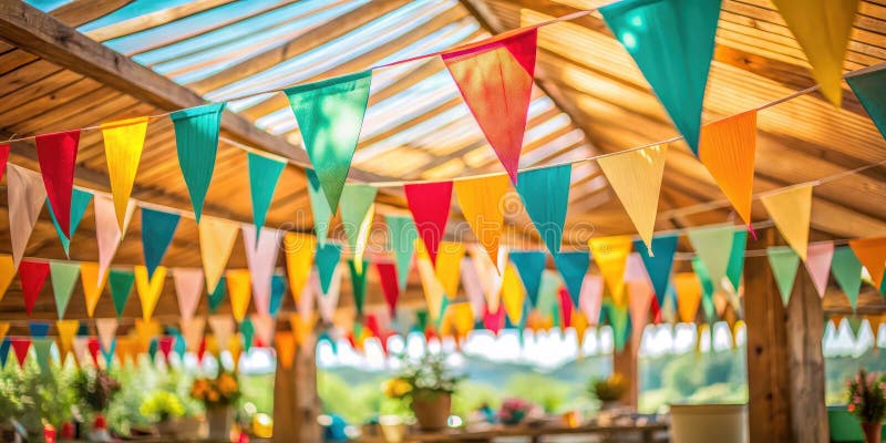 A vibrant array of colorful triangular bunting flags adorns a rustic wooden pergola, creating a festive and cheerful outdoor royalty free illustration
