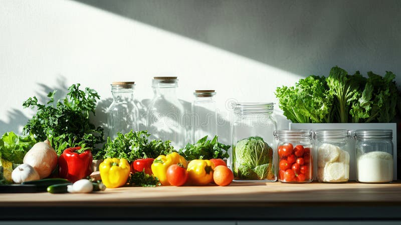 A vibrant array of colorful vegetables and fresh herbs sprawls across a rustic wooden counter, inviting culinary royalty free stock images