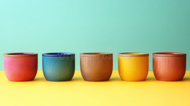 Vibrant Array of Colorful Wooden Paint Pots Against a Bright Yellow Background royalty free stock photo