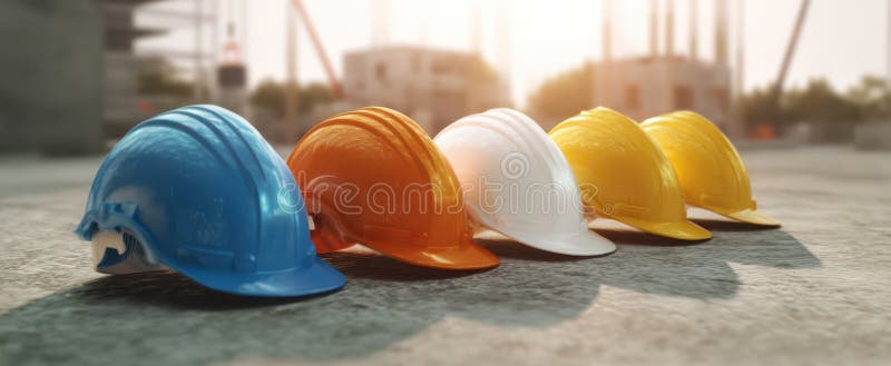 The vibrant array of construction helmets ready for work at a job site.. image royalty free stock photos.