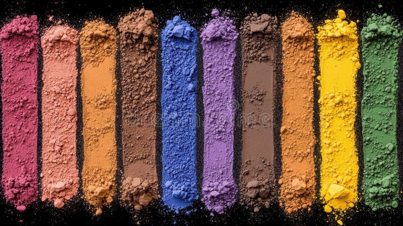 A vibrant array of eyeshadow palettes, each with a unique color and texture, arranged in a visually striking manner. royalty free stock images