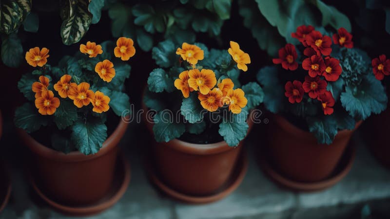 A vibrant array of flower pots bursts with color, neatly arranged on a rustic shelf, inviting nature's beauty into royalty free stock images