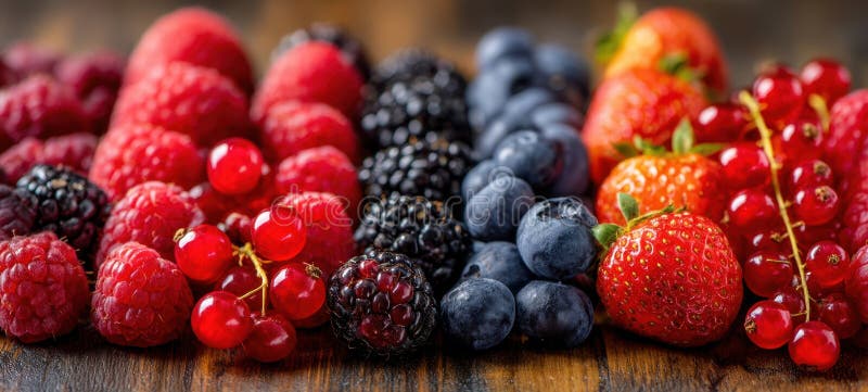 The vibrant array of fresh berries on a rustic wooden background. image royalty free stock image.