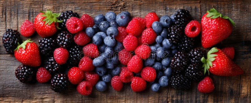 The vibrant array of fresh berries on a rustic wooden table. image stock photos.
