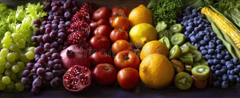 The vibrant array of fresh fruits and vegetables on a rustic wooden surface.. image stock images.