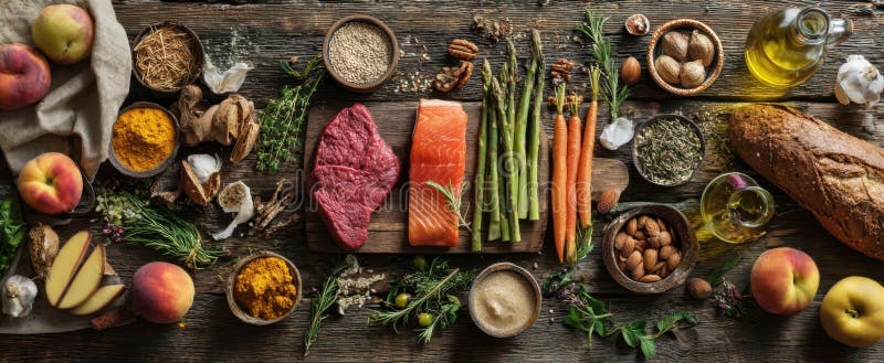The vibrant array of fresh ingredients on a rustic wooden table for cooking.. image royalty free stock photos.
