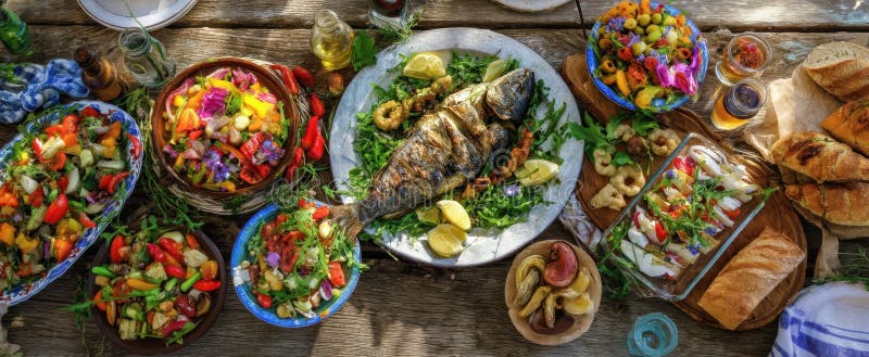The vibrant array of fresh seafood and colorful salads on a rustic table.. image stock photography.