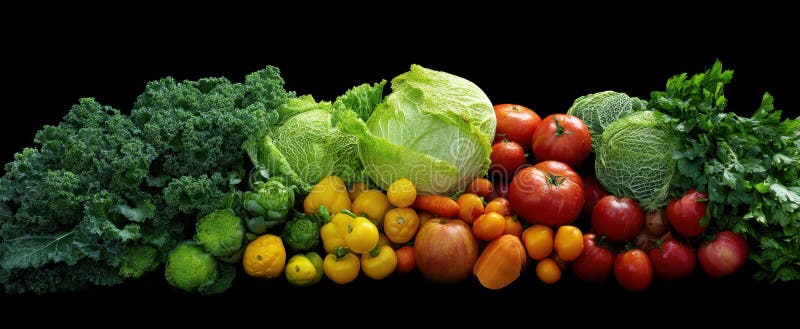 The vibrant array of fresh vegetables and fruits on a dark background.. image royalty free stock photography.