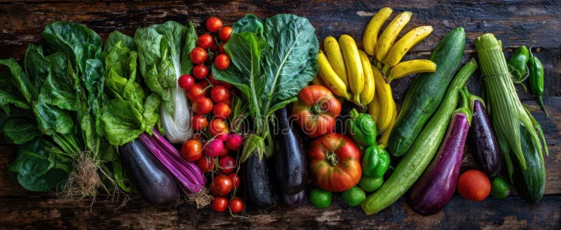 The vibrant array of fresh vegetables and fruits on a rustic wooden table. image royalty free stock photo.