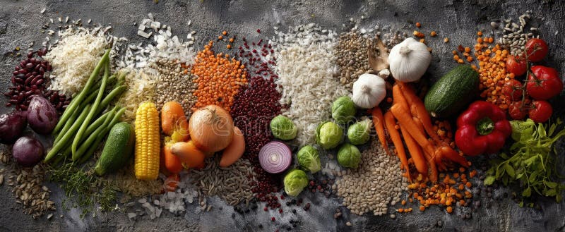 The vibrant array of fresh vegetables and grains on a rustic surface.. image royalty free stock photos.