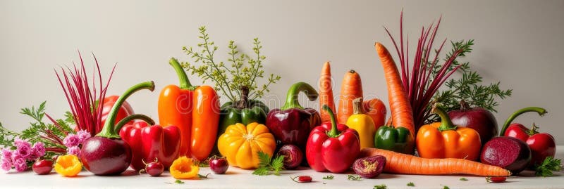 Vibrant array of fresh vegetables including peppers, carrots, beets, and squash on display stock photos