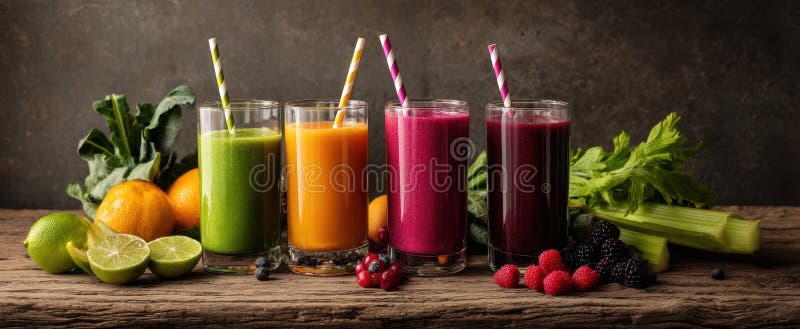 The vibrant array of healthy smoothies featuring fresh fruits and vegetables.. image stock photography.