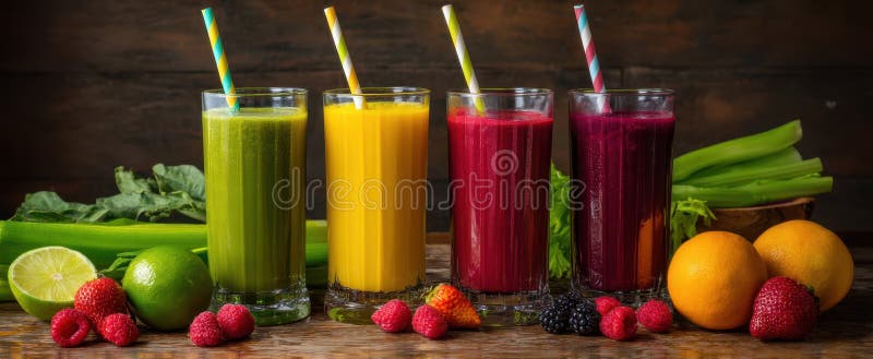 The vibrant array of healthy smoothies with fresh fruits and vegetables.. image stock photography.