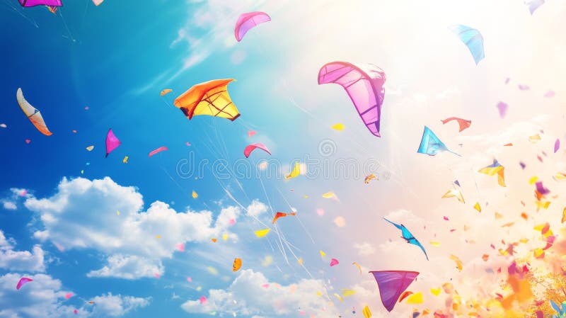A vibrant array of kites floating under the bright blue sky brings joy. stock photos