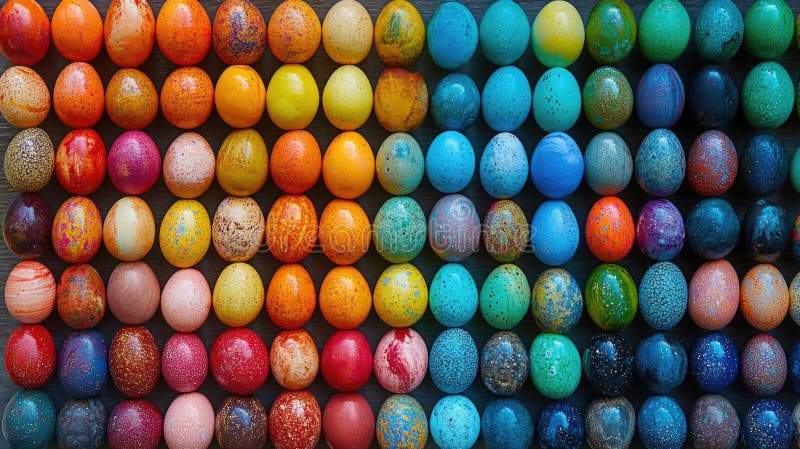 Vibrant array of multicolored patterned eggs in symmetrical arrangement. Easter, Pascha, Paskha, Ostern, Pascua, Paques royalty free stock photo