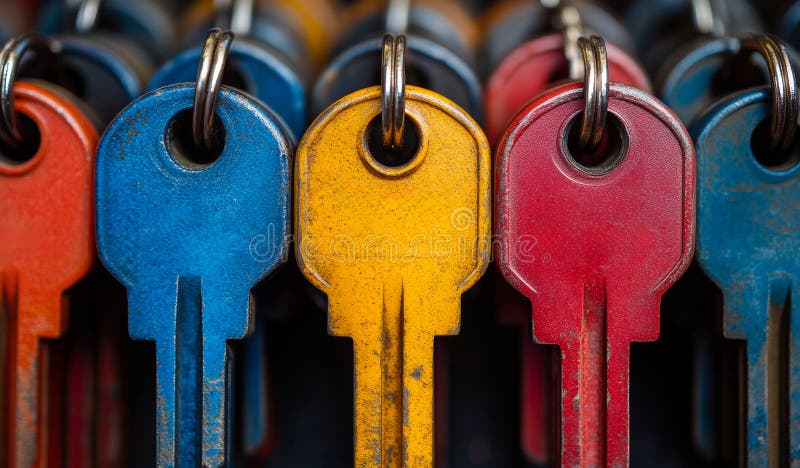 Colorful collection of old keys on a keyring stock photos