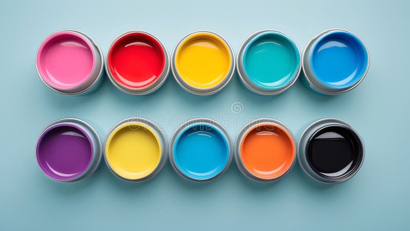 Vibrant array of open paint pots showcasing a spectrum of colors on a light blue background vector illustration
