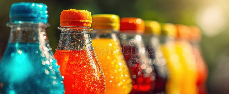 The vibrant array of refreshing beverages in colorful bottles.. image stock photos.