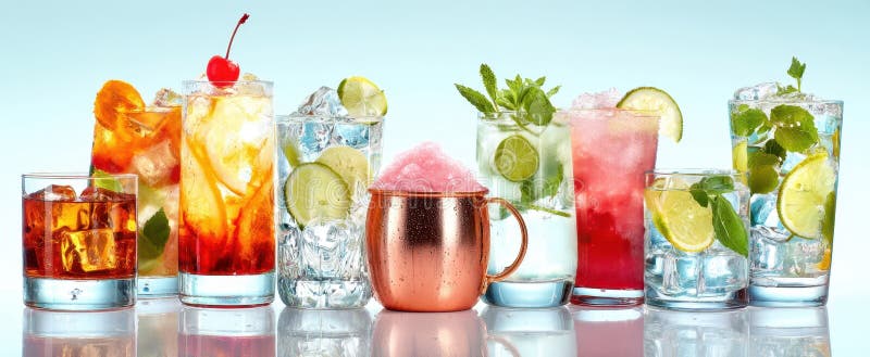 The vibrant array of refreshing cocktails and drinks on display.. image royalty free stock images.