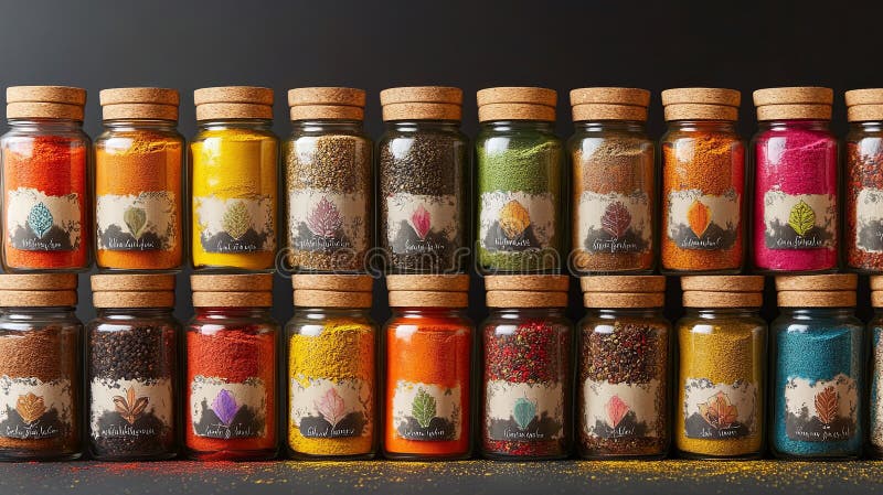 A vibrant array of spice jars with unique labels and colorful powders inside pic royalty free stock images