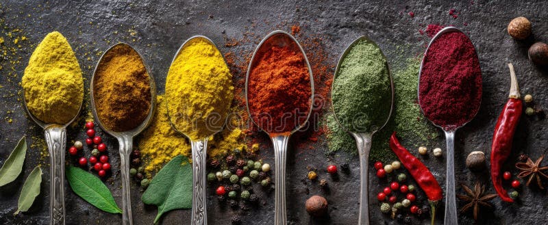 The vibrant array of spices beautifully displayed in antique spoons.. image royalty free stock photos.