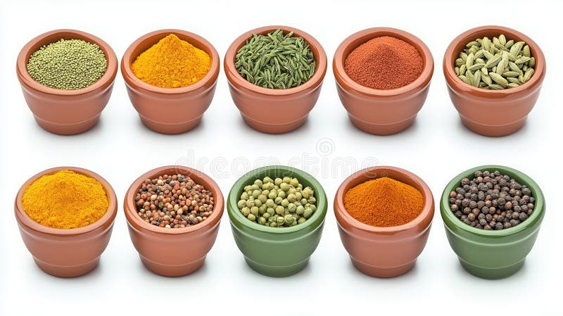Vibrant array of spices in brown clay bowls on light surface stock photo