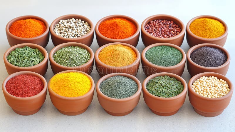 Vibrant array of spices in clay bowls on light surface royalty free stock photo