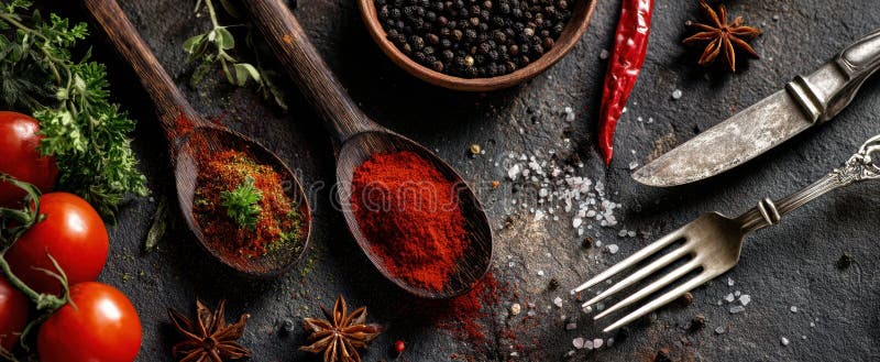 The vibrant array of spices and fresh ingredients on a wooden tabletop.. image stock image.