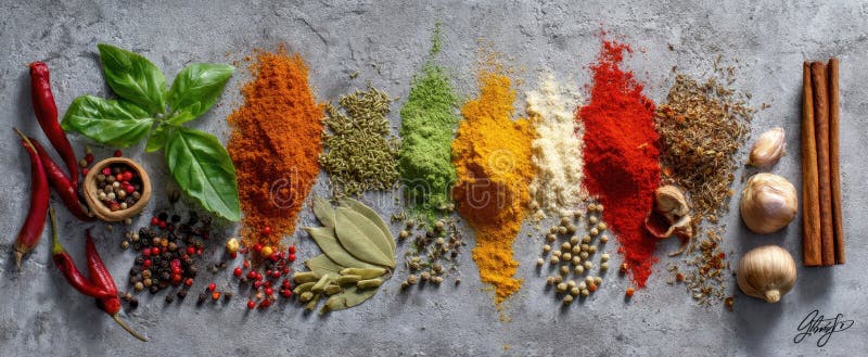 The vibrant array of spices and herbs beautifully arranged on a textured surface.. image stock photography.