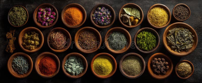 The vibrant array of spices and herbs in rustic bowls on a dark surface. image royalty free stock photography.