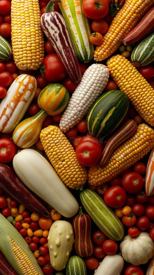 Vibrant array of various corn cobs arranged in a pattern. stock photos