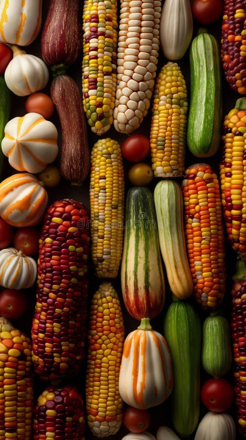 Vibrant array of various corn cobs arranged in a pattern. stock photos
