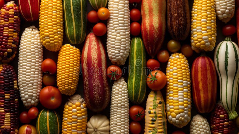 Vibrant array of various corn cobs arranged in a pattern. royalty free stock photos