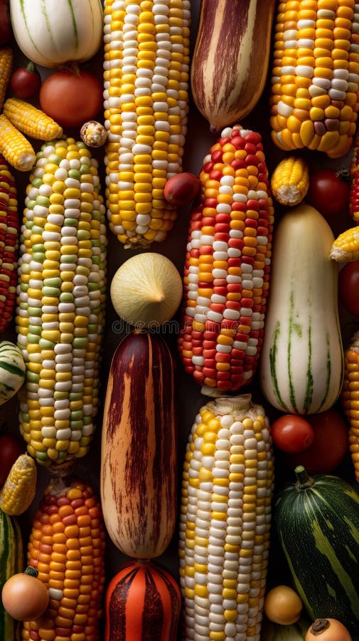Vibrant array of various corn cobs arranged in a pattern. stock photography