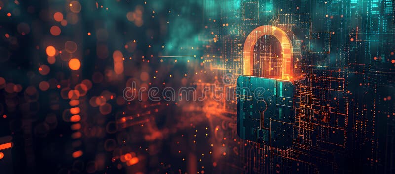 Futuristic cybersecurity concept with glowing padlock, digital art. cyber data protection visual. perfect for tech stock illustration